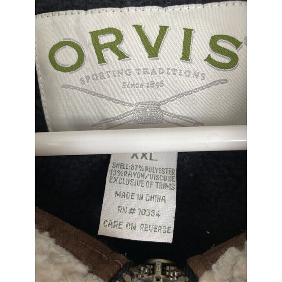 Orvis Fleece Zip Vest Sherpa Collar Faux Leather Shoulder Brown Mens XXL - Picture 3 of 11